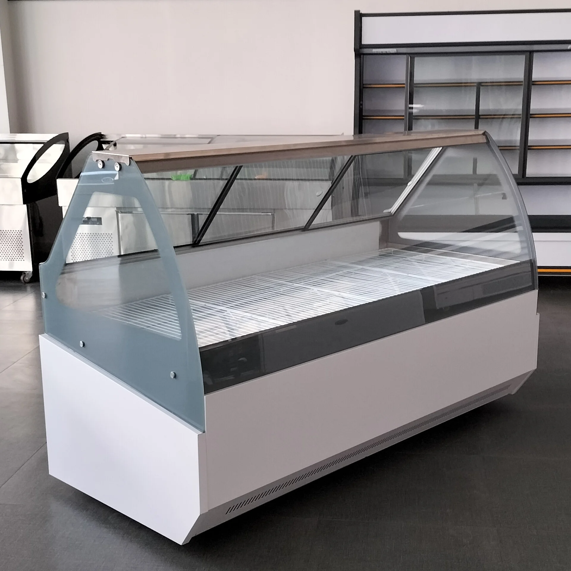 Factory price big discount supermarket LED light bottom storage room glass door double temp. meat showcase display