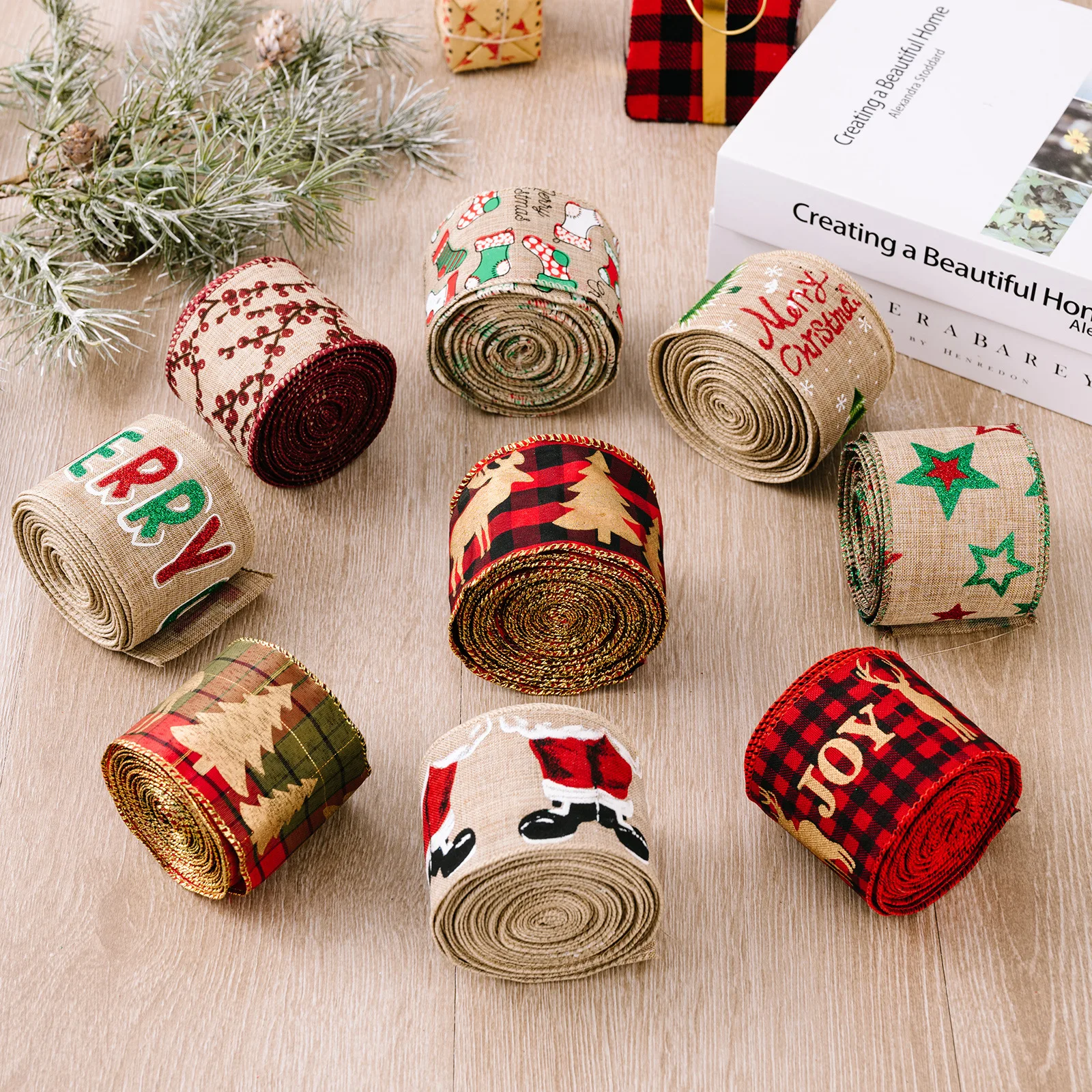 Christmas Ribbon Christmas Wired Edge Ribbons Burlap Craft Ribbon for Christmas Tree Decoration
