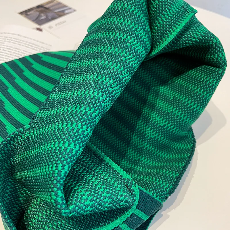 Retro Plain Solid Color Handheld Knitted Bag Wrist Bag Korean Style Small Striped Bag Versatile Knitting Handbag for Women