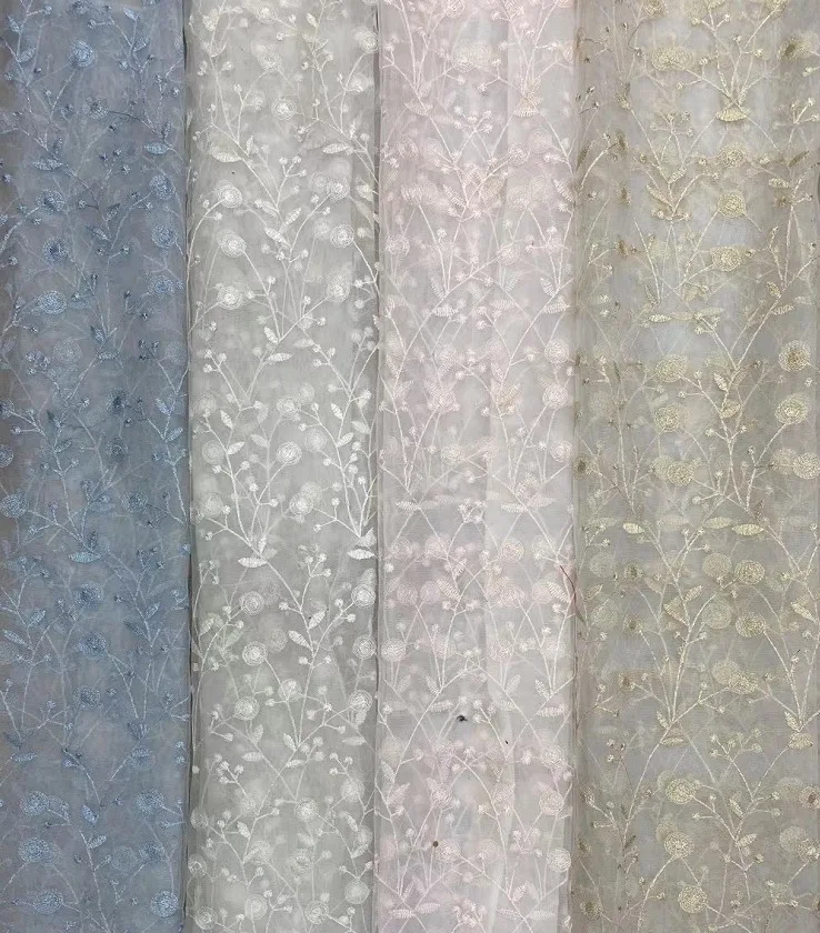 New DIY mesh embroidery eyelash lace tulle wedding lace tulle fabric round branch embroidered fabric