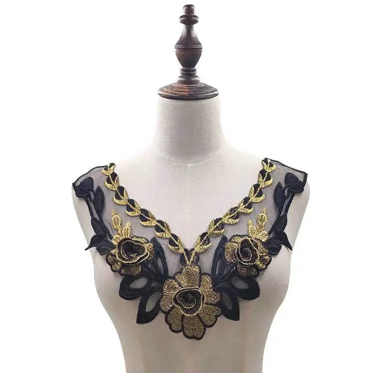 Вышитый кружевной воротник с вырезом теплые оттенки Цветочная аппликация с коричневыми листьями нашивки для скрапбукинга рельефное Шитье