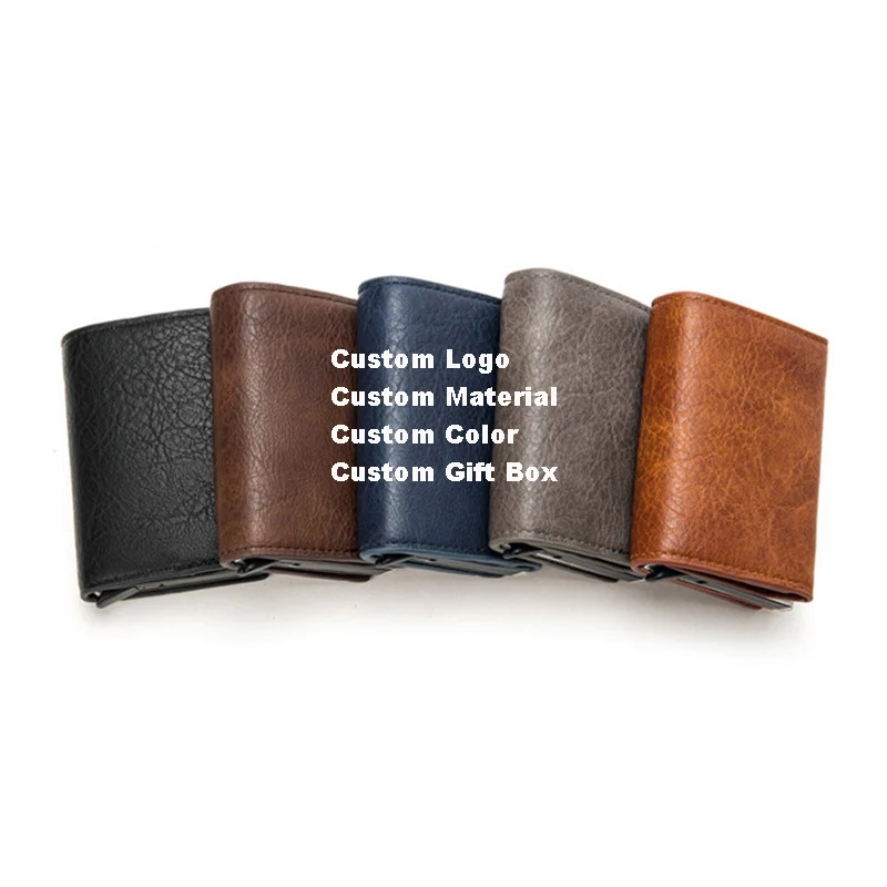 Hot Sale Travel Metal Business Bank Card Case Pop Up Rfid Blocking Pu Leather Card Holder With Window Id Pocket Wallet For Men