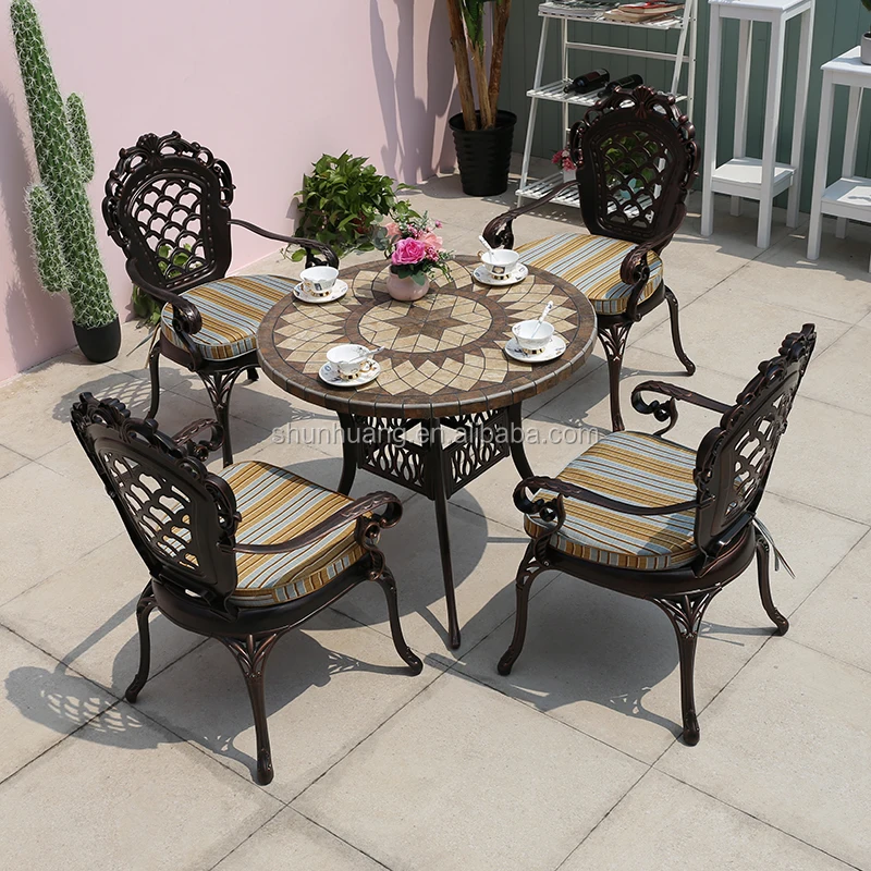 
Luxury cast aluminum garden set cast aluminum furniture livingroom dining set metal frame with marble table 