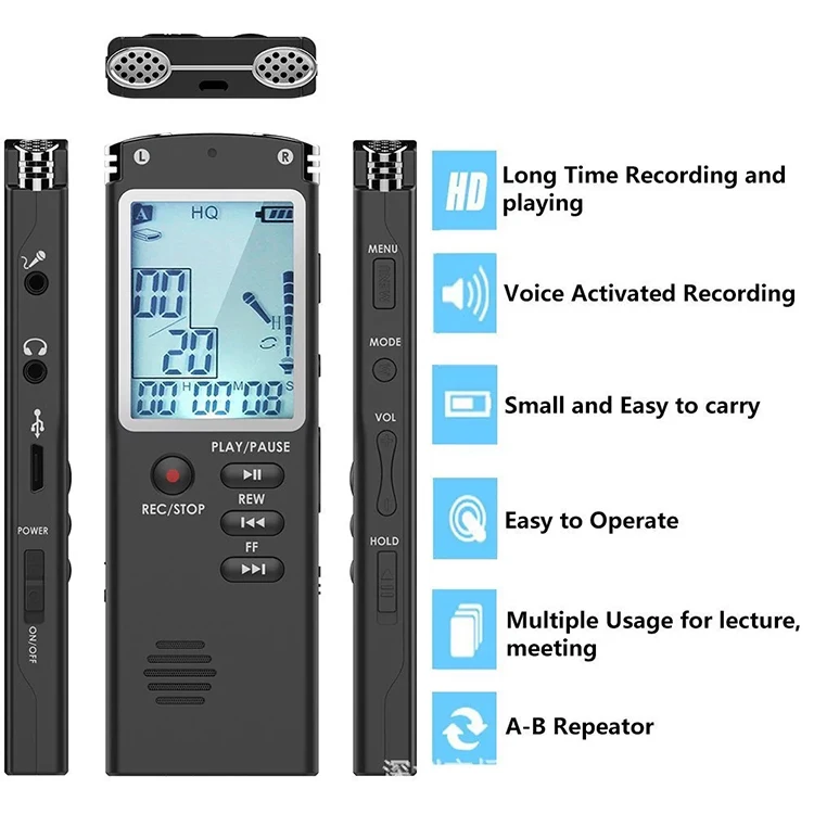 Clock Function 1536KBPs 8GB16GB Voice Activated Automatic Recording Digital Audio Recorder