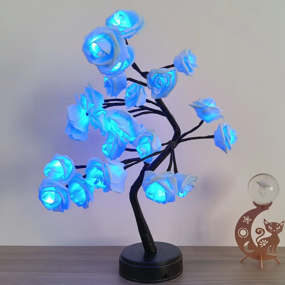 Factory  Fairy Tree lamp  Blue Rose Flower  Desk Lamp Battery Operated   for  Christmas Party  Wedding Festival Gifts