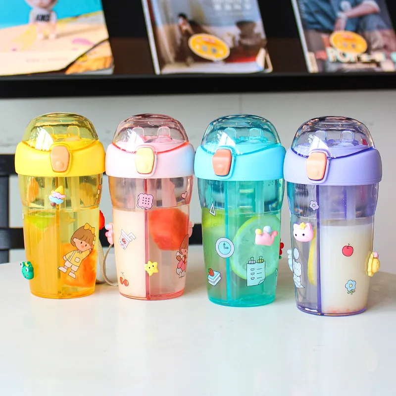 MAIMA Creative girl heart plastic double drink cup cartoon cute cup dual-purpose straw student water CUP