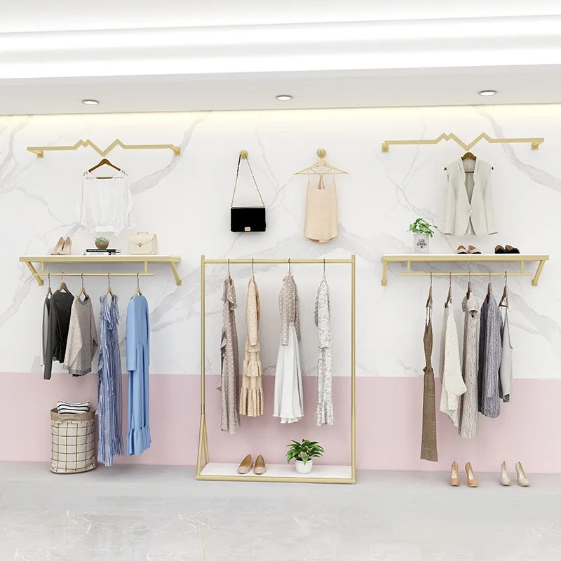Fashion Women Clothes Shop Display Racks Metal Retail Boutique Clothing Rack Cloth Store Gold Display Stands