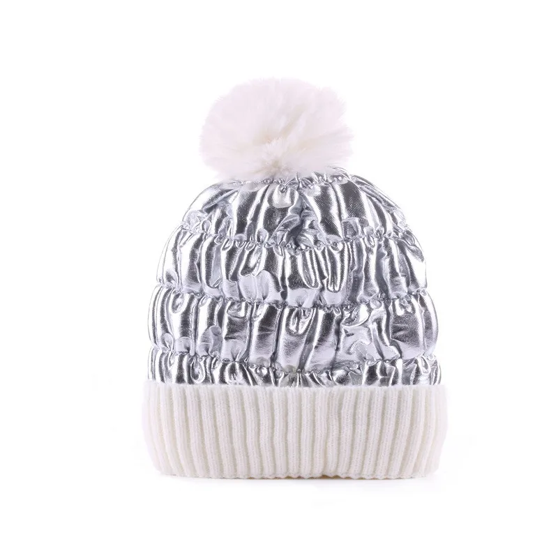 Wholesale Unisex Colorful Laser Sequin Knitted Pompom Hat Fashion Thick Warm Beanies Winter Hat for Women Cap Velvet Fleece Hat