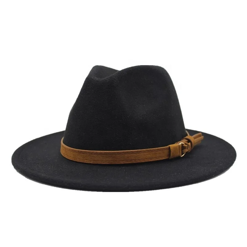 
Wholesale Fashion Autumn Winter New Woolen Hat Top Jazz Hat With Large Flat Brim Versatile Straight Rimmed Fedora Hats 