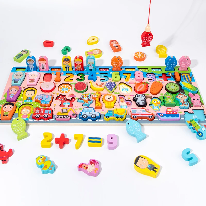 2021 Wooden Puzzle Board Blocks Digital Traffic Cognition montessori other educational toys for Kids Magnetic Fishing Game