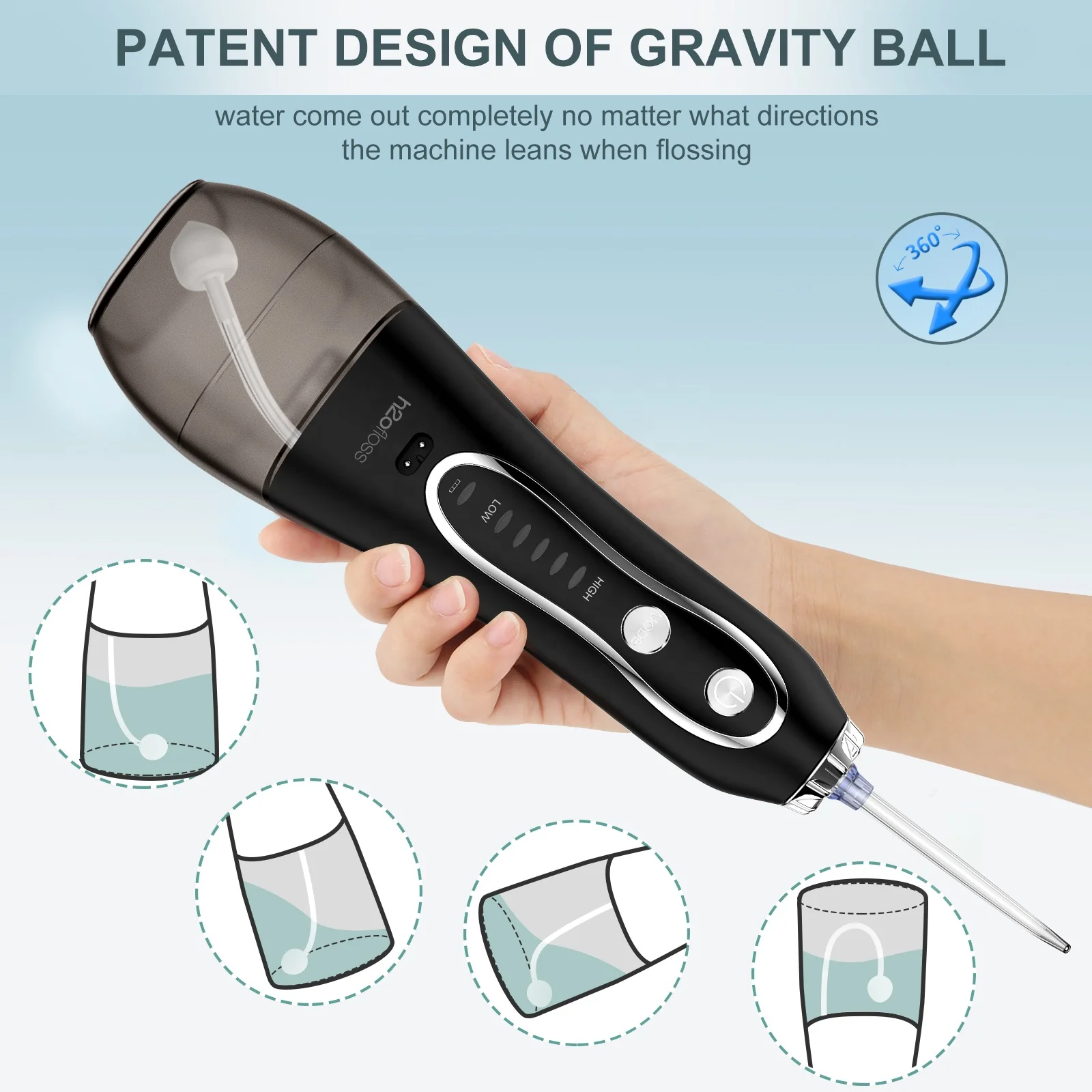 H2ofloss Portable 2500mAh Black Electric IPX7 Waterproof Dental Flosser 300ml Water Teeth Cleaner