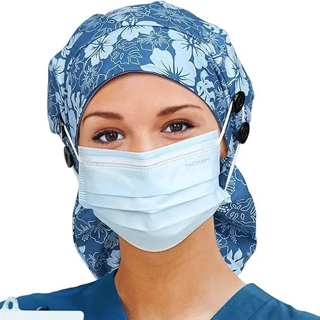 Ponytail Satin Lined Woking Hat Bouffant Scrub Cap with 4 Buttons and Sweatband Adjustable