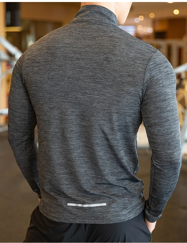 Quick dry plain long sleeve sports 1/4 zip up basic color muscle fitted gym training mens shirts