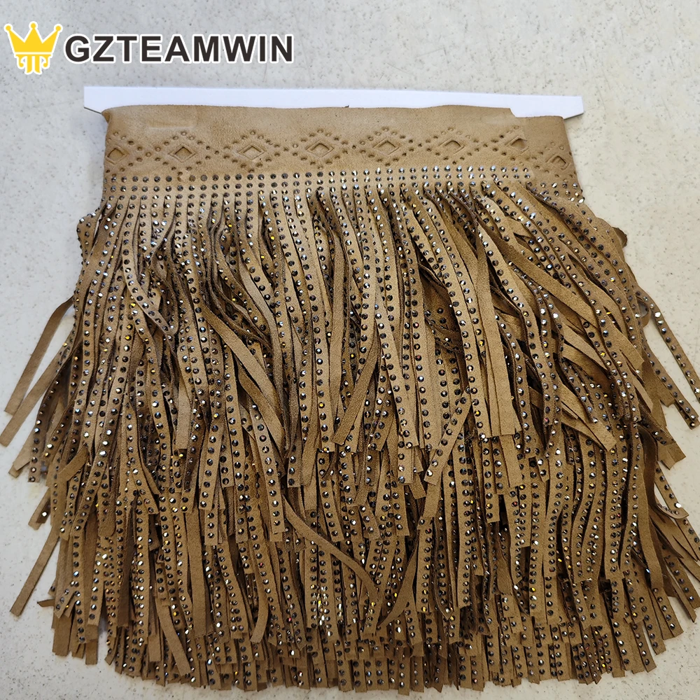 Factory Wholesale AB Rhinestones PU leather tassel fringe lace double face fringes trim  for fashion skirt garment accessory