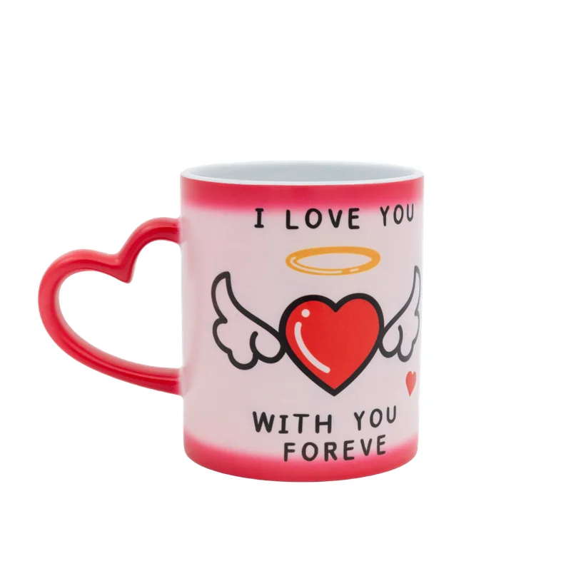 Heart Handle Glossy Magic Ceramic Mug Custom Logo Image Customizable Sublimation Color Changing Mugs