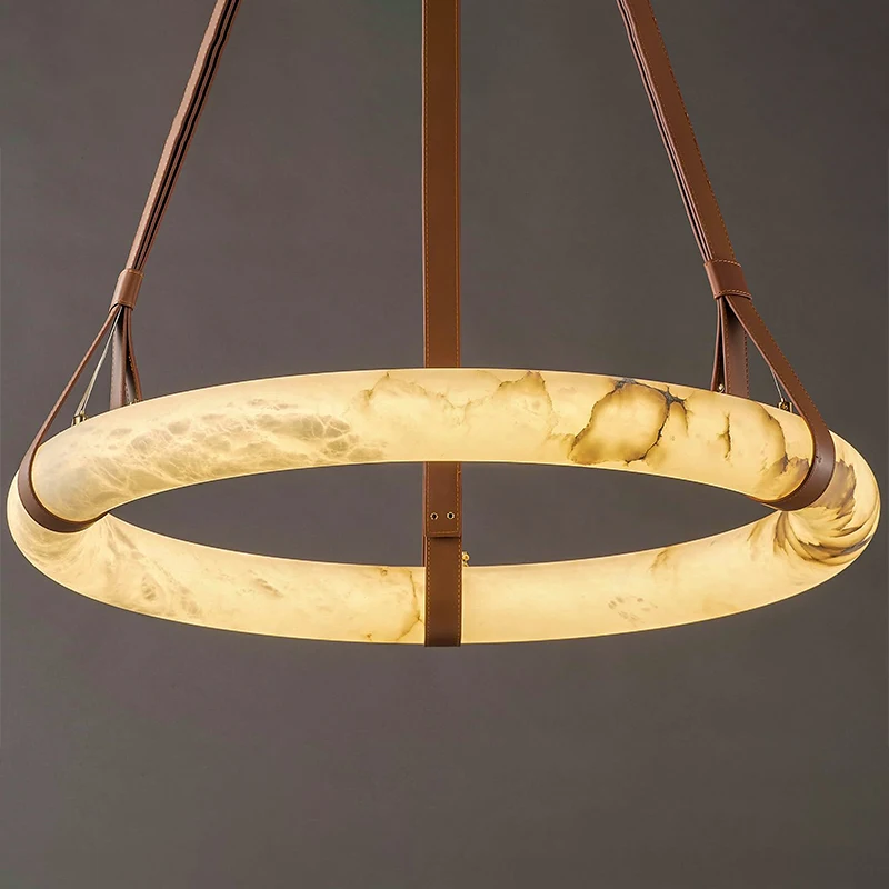 Nordic Modern Luxury Living Room Decoration Leather Ring Marble  Pendant Light Kitchen Island Alabaster Chandelier Lamp