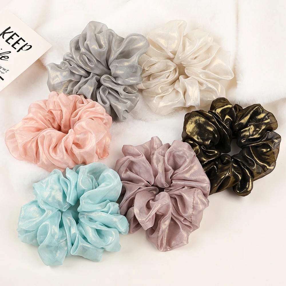 Hot Sale Extra Large Organza Hair Ties 16cm Oversized Solid Color Glitter Organza Scrunchies For Women