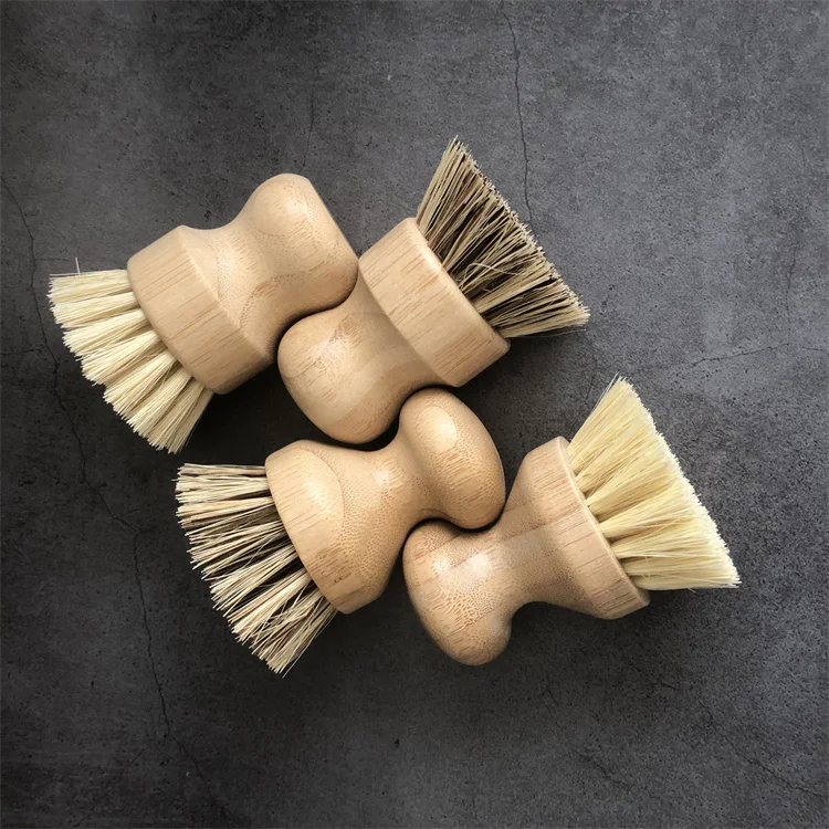 Wholesale Custom Natural Fiber Round Wooden Scrubbing Washing Pan Cleaning Dish Brush Bamboo Kitchen Brush