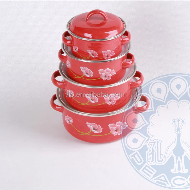
New product 16-24cm cooking pot cast iron red flower color enamel casserole set with glass lid/enamel lid 