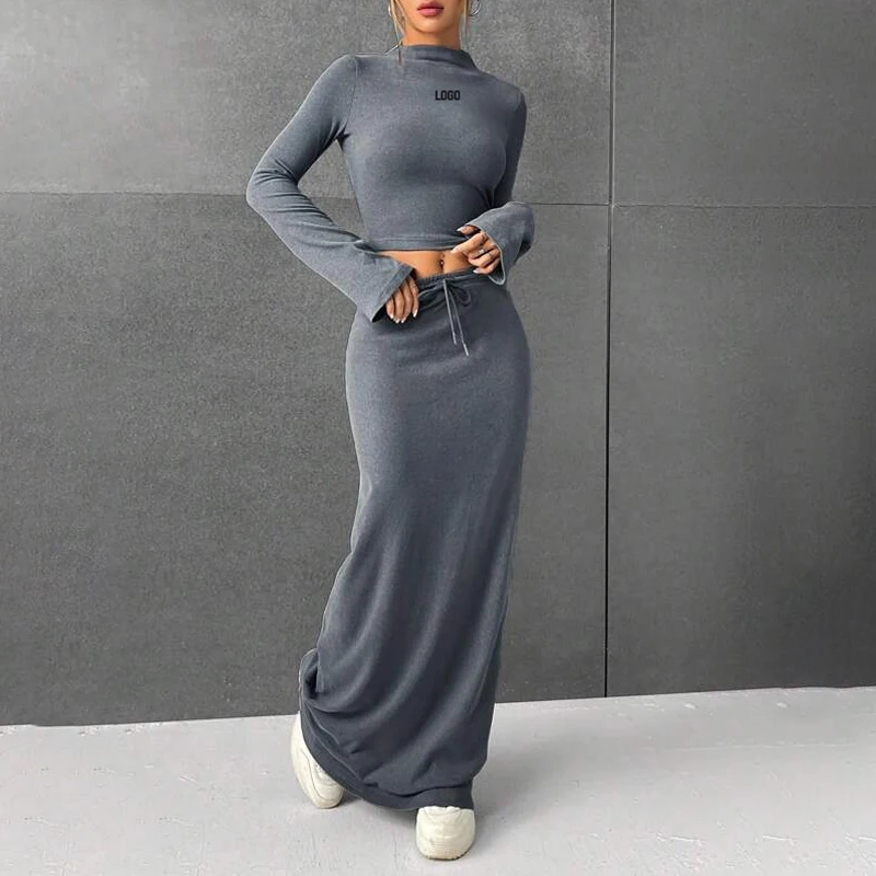 F230699 Custom Women Fall Winter Fashion Clothes Two Piece O-neck Sexy Long-sleeved Crop Top Shirt and Long Maxi Skirt Dress Set