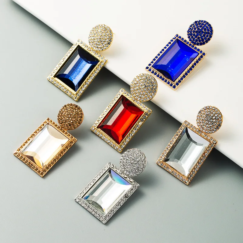 Wholesale Fashion Glass Dangle Earrings For Women Shiny Rhinestone Square Pendant Drop Ear Jewelry Girl Gifts