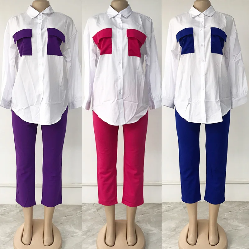 2022 Women fall 2 piece sets casual blazer suits women long sleeve shirt pencil pants two piece pants set