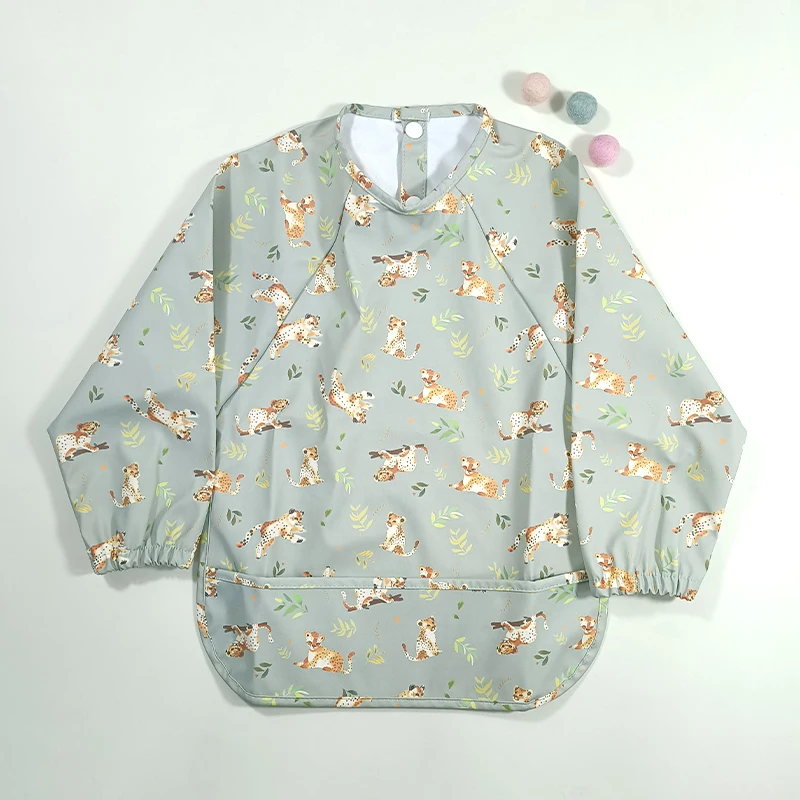 Girls PU Bib Baby Apron Cloth Long Sleeve OEM Service 100% Polyester Printed Support Button