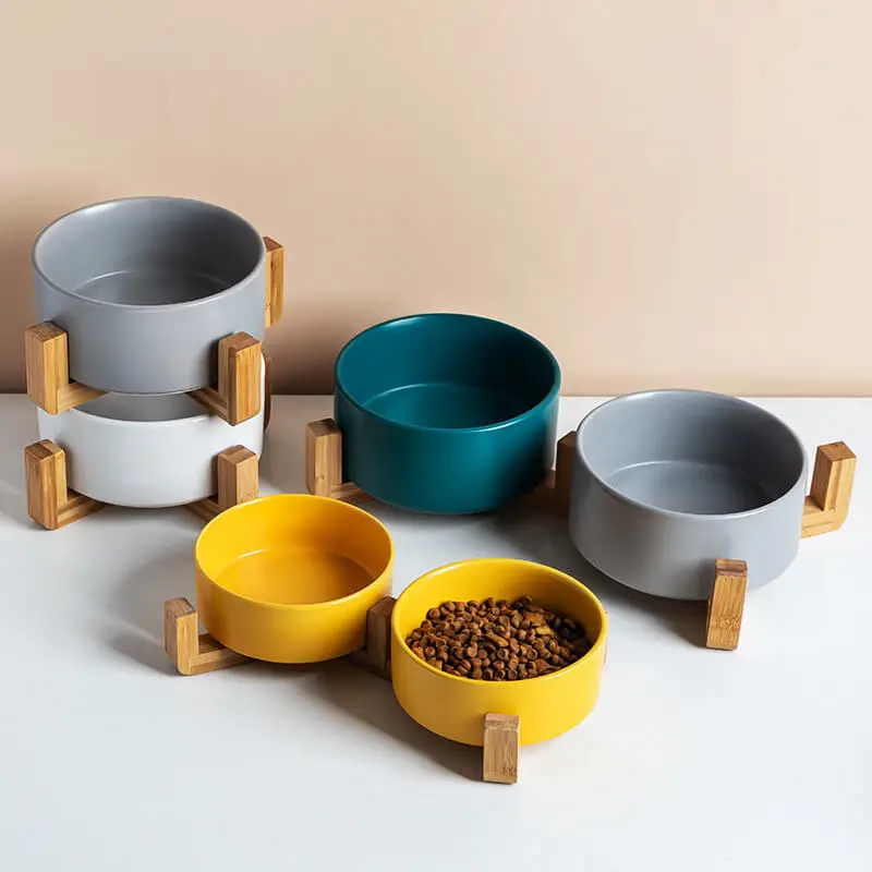Manufacturer wholesale multi colors ceramic wooden frame pet cat dog bowl With Wood Stand Bowl Ceramic Dog Cat Bowl