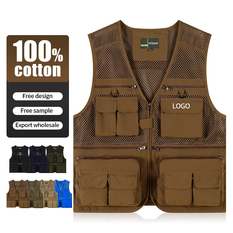wholesale Fishing Wear Vest Cotton Men Outdoor Hiking Multi Pocket Cargo Design Mesh Lined Custom Logo Color