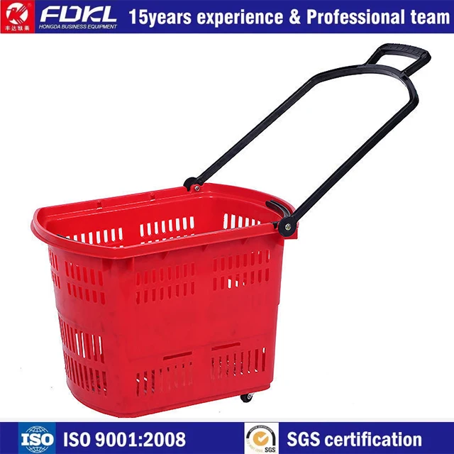 Large capacity perforated basket with castor trolley supermarket plastic cart collapsible shopping for shop