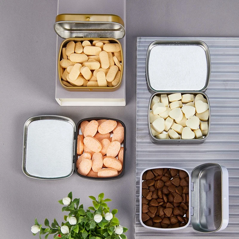 Factory Stock Custom High Quality Food Grade Black Gold Silver Candy Storage Medicine Travel Dispenser Metal Tin Box With Hinge