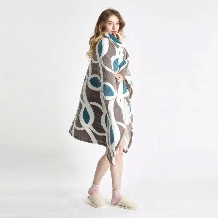 Custom Printing Grey and Green Portable flannel heated electric throw blanket