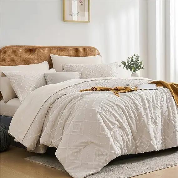 Tufted King Size Comforter Set 7 Piece Bed in a Bag, Shabby Chic Boho Comforter and Sheet Set