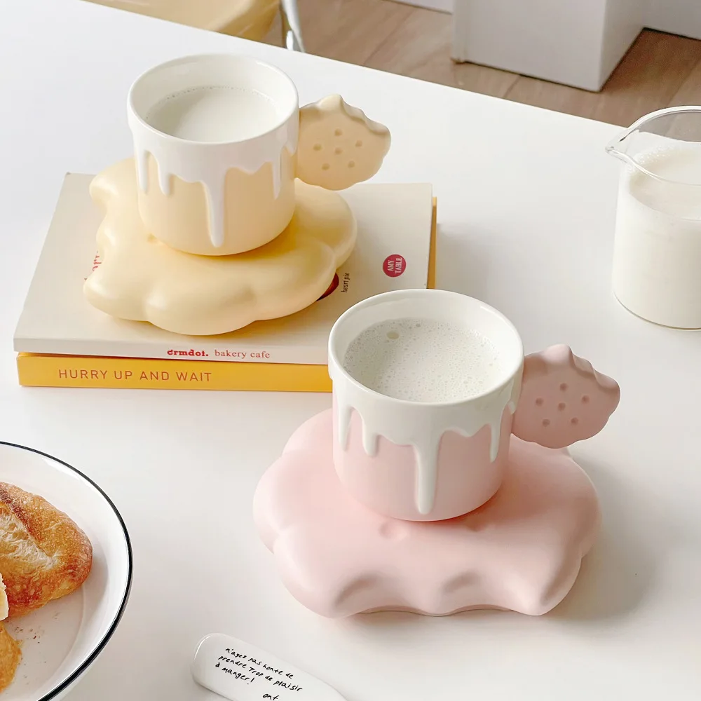 Newest cute kids Creative biscuits ceramic mug coffee cup saucer set ins cute 340ml breakfast Milk Cup for Girls Home mug