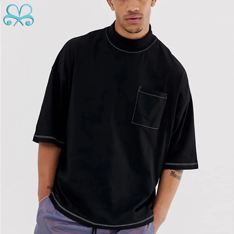 100% cotton mens high neck oversized dropped shoulder t-shirts with contrast white sewing line