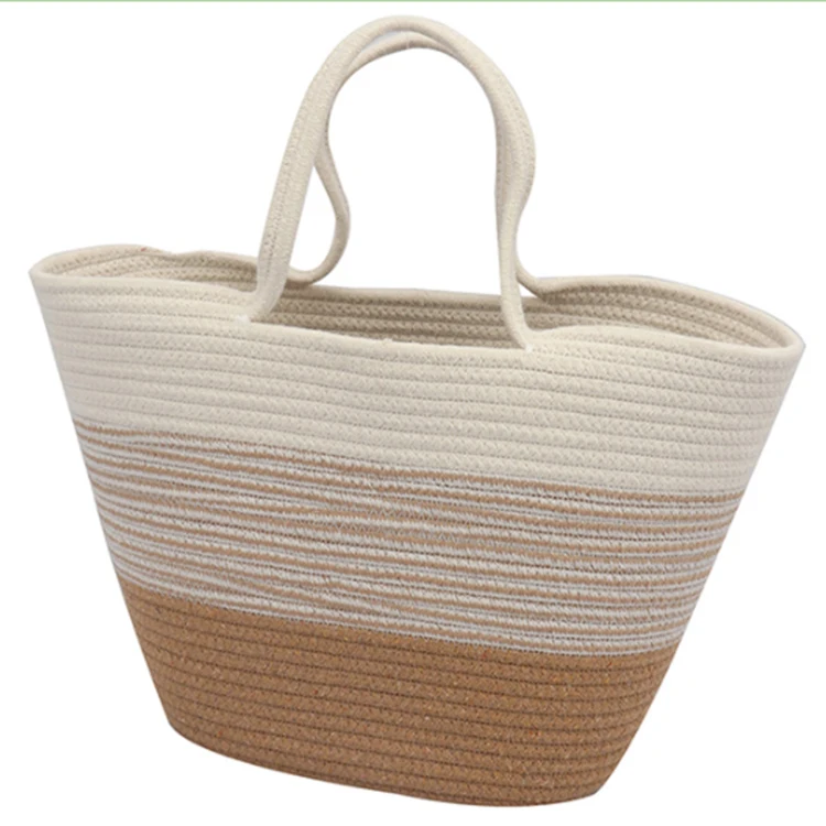 Women Home Essentials Cotton Rope Handbag Beach Leather Cotton Rope Bag Woven Bag For Family