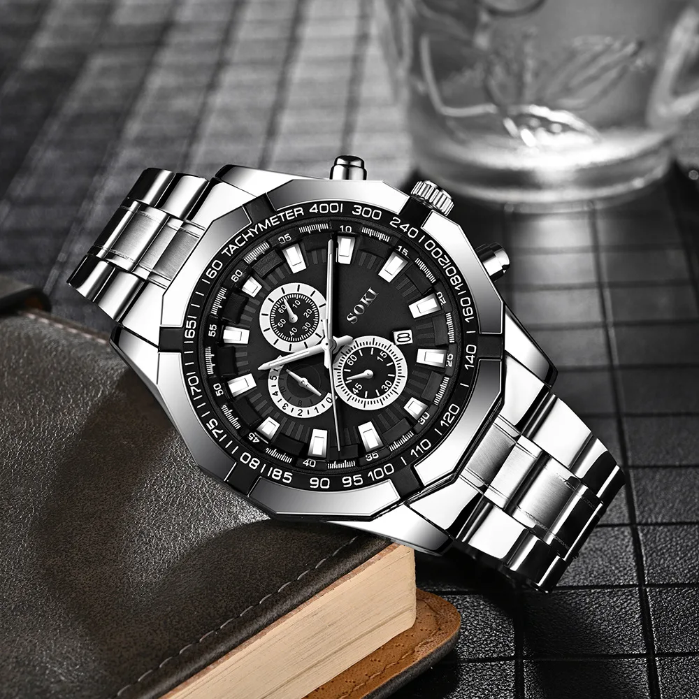 Men Business Casual Watch Fashion Mens Stainless Steel Watches Luxury Quartz Wristwatch Calendar Date Bracelet Set