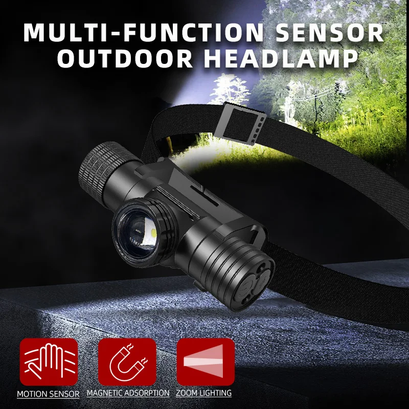 New Products Sensor LED Headlamp Adjustable Head Flashlight Hidden Interface Charging USB Flashlight Headlamps for Hiking