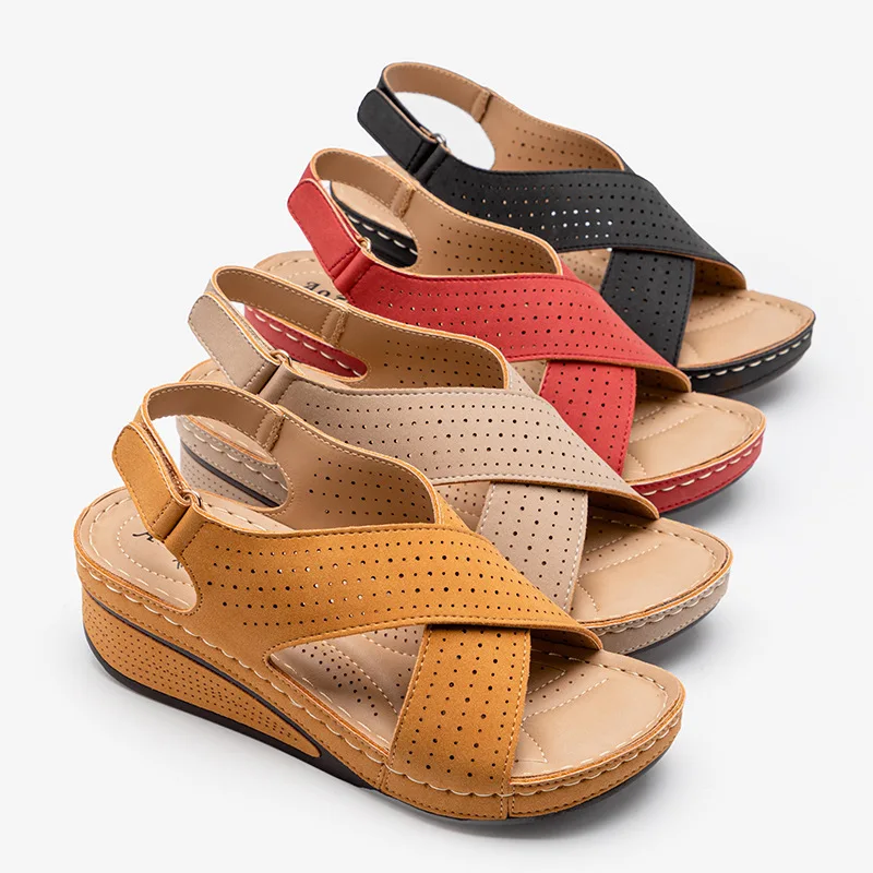 Women Sandals Summer 2021 Hollow Wedges Sandals Female Casual Leather socofy Retro  Sandalis woman Plus Size