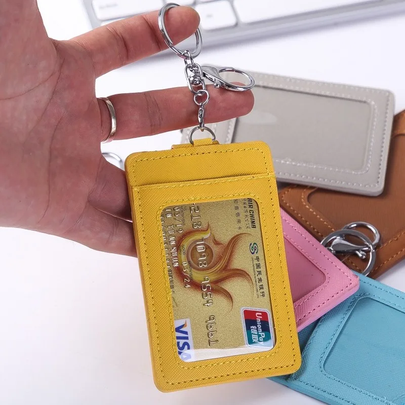 New PU Leather Vertical ID Badge Card Holder Portable Bus Card Credit Card Holder With Keychain