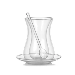 Double Wall Turkish Clear Glass Tea Mug Cup Set with Spoon and Dish