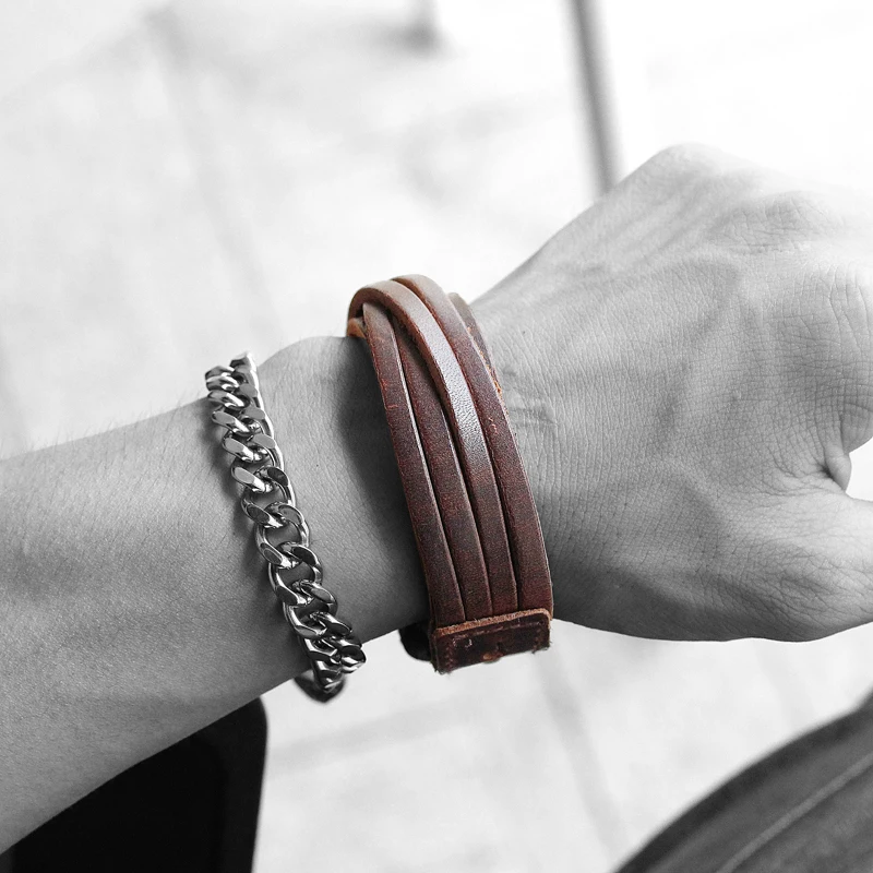 Vintage Punk Genuine Real Leather Bracelet Bangle For Men Handmade Leather Wristband Steampunk Jewelry Mens Bracelets