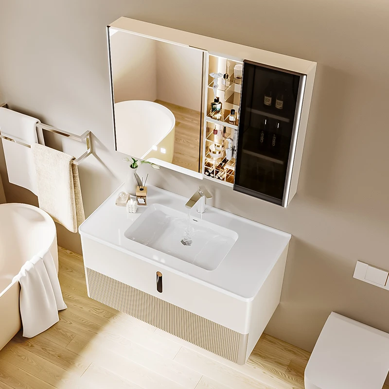 Smart Mirror Lamp Combination Bathroom Cabinet with Ceramic Wash Hands Table and One Basin Simple Toilet Vanity