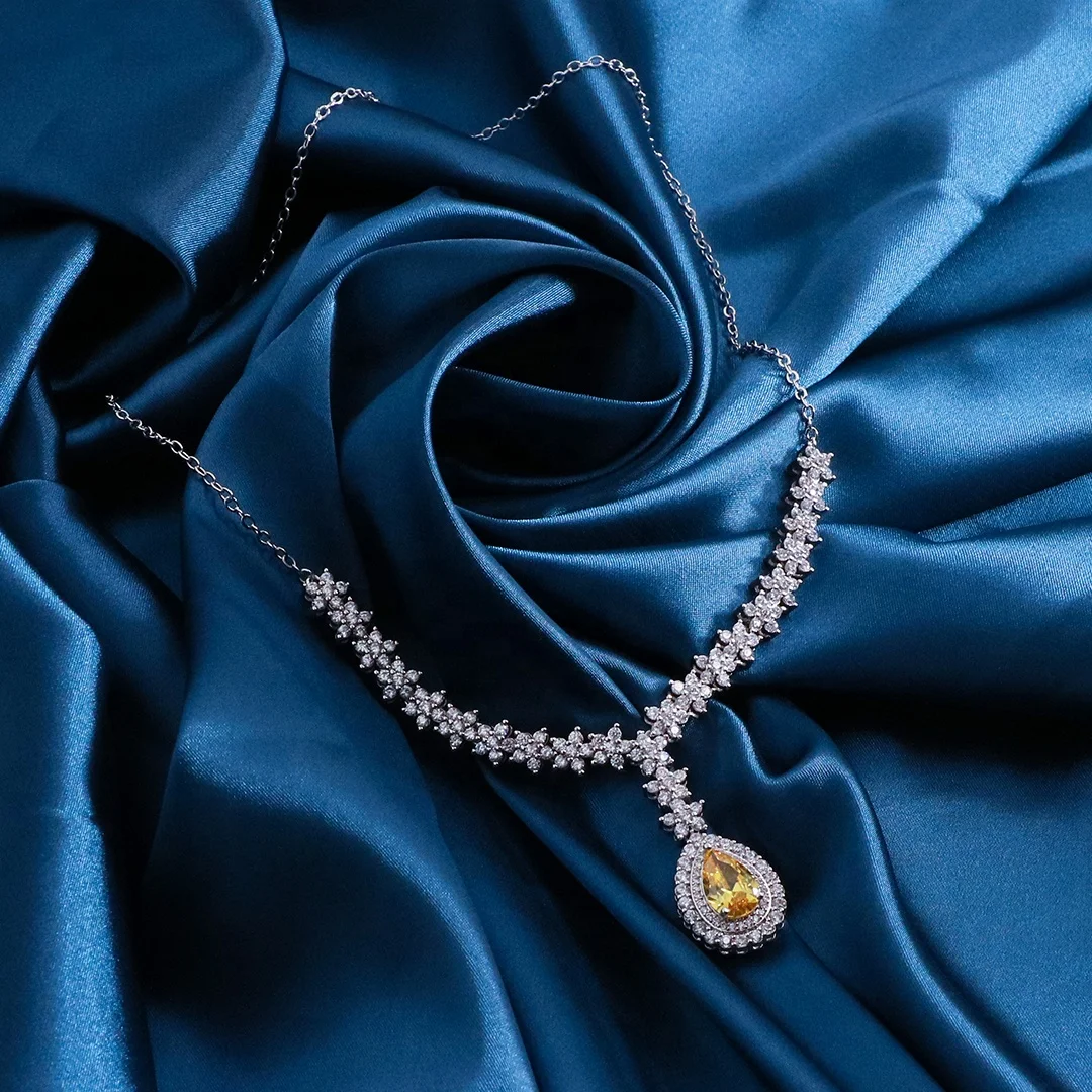 Bedazzled Luxury 4pcs Full Set Exquisite Micro inlaid Zircon Yellow stone Water Drop Elegan Bridal Wedding Fine Jewelry Set