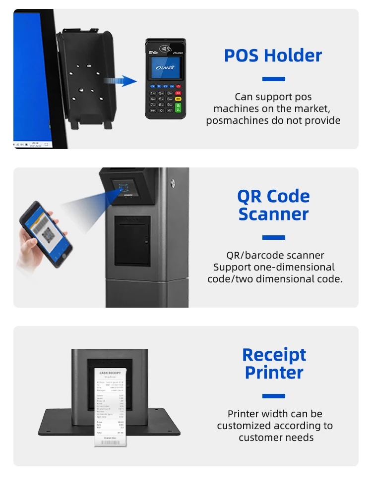 15.6' Self Ordering Kiosk Printer 40mm QR Scanner All In One Pos Terminal Payment Kiosk Supermarket Shop