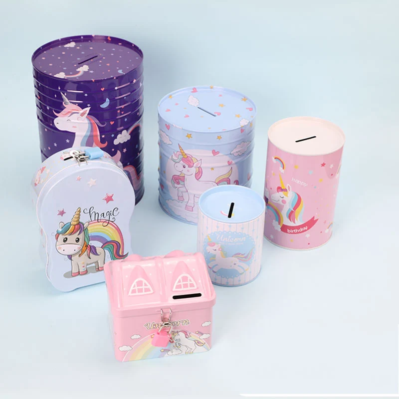 TOPSTHINK Custom made kawaii large children unicorn round metal piggy bank for tin money saving