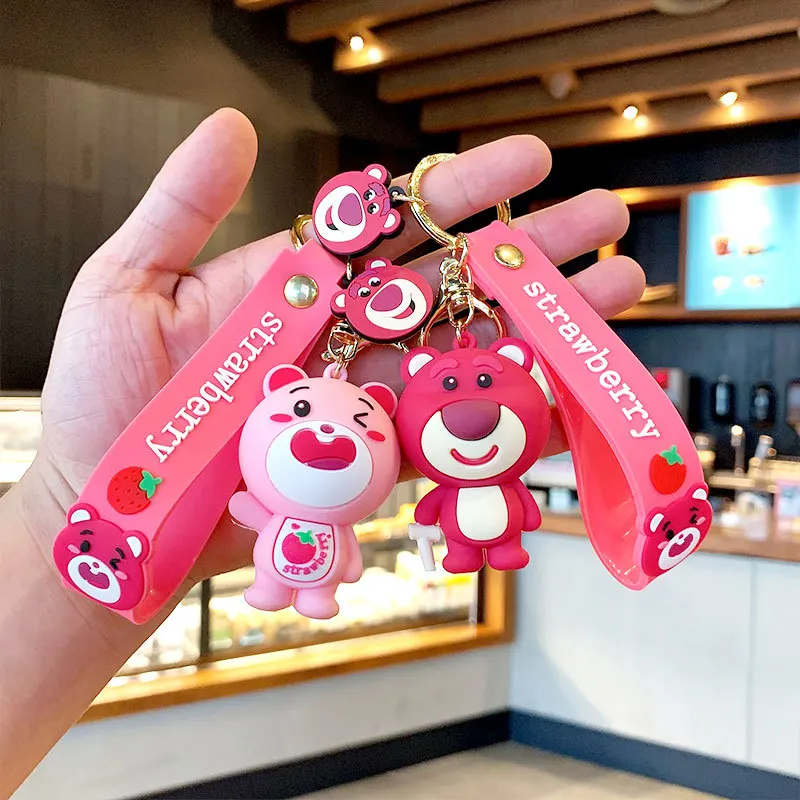 2023 New Arrival Promotion Gifts Kawaii Cute Cartoon Strawberry Bear Soft PVC 3D llavero Custom Logo Keychain