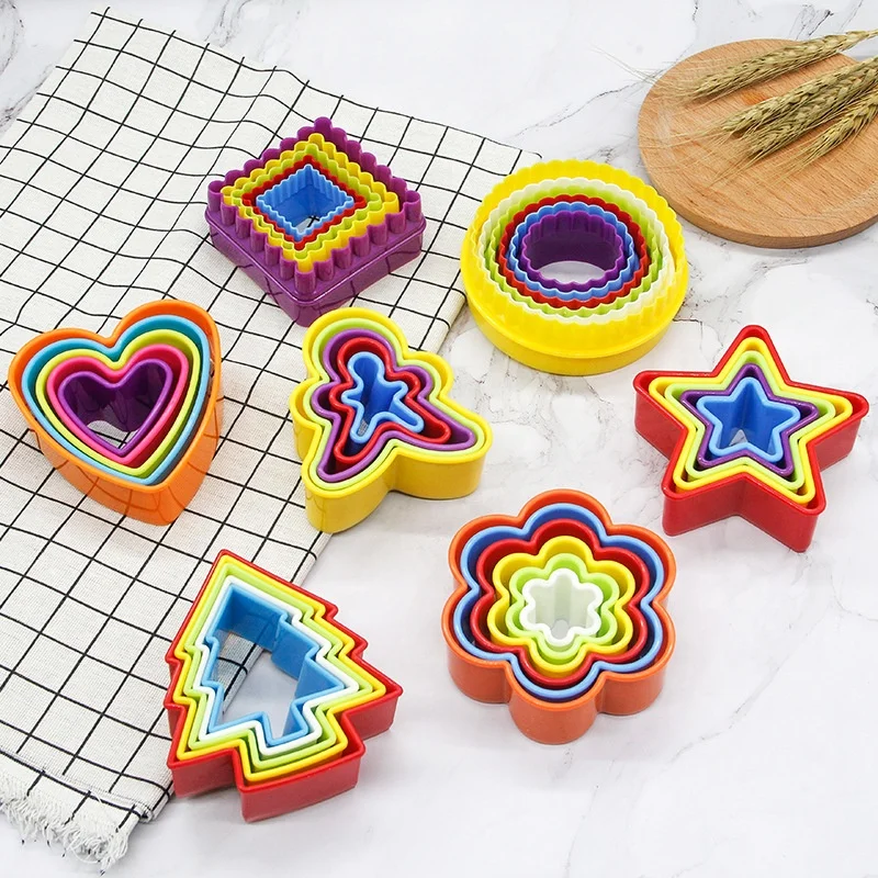 5Pcs/Set ABS Plastic Colorful Flower Round Square XMAS Tree Shape Sandwich Cookie Biscuit Cutter Mold Bake Tools