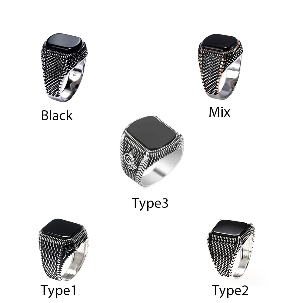 2021 new Turkish Jewelry Black Ring Men Real 925 Sterling Silver Mens Rings Natural Agate Stone Vintage Cool Fashion
