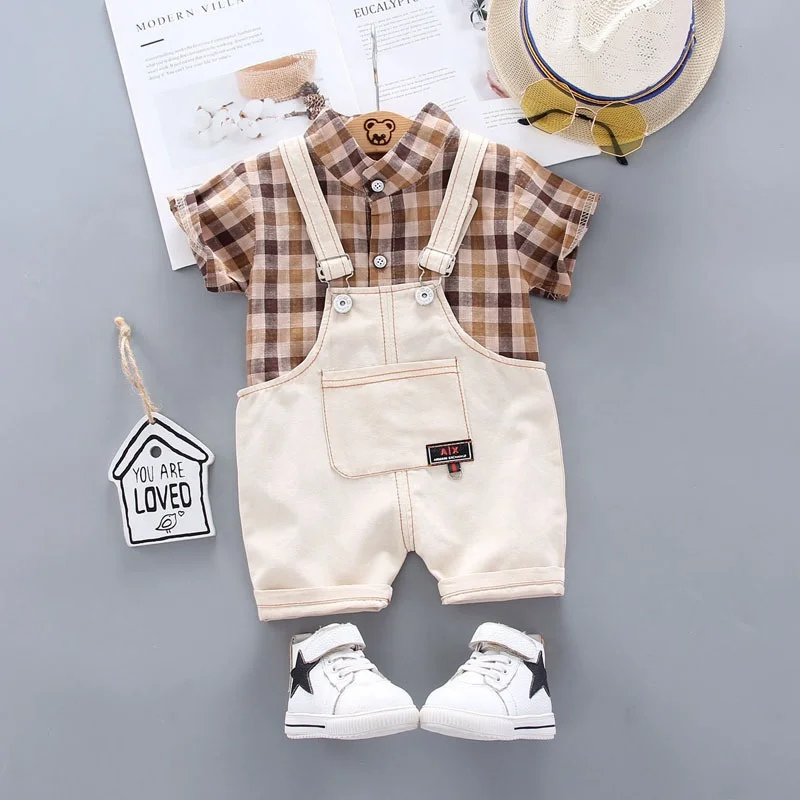 Denim Strappy Pants Short Sleeve New Born Checkered Romper Baby Clothes Boy Summer Set  Newborn